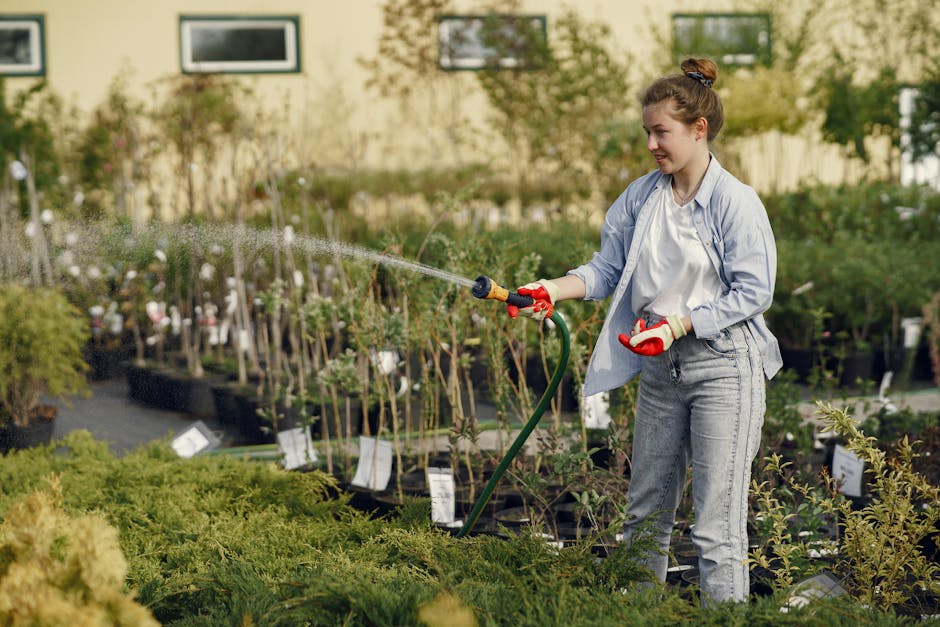A young caucasian woman watering plants in a garden, showcasing horticultural care.